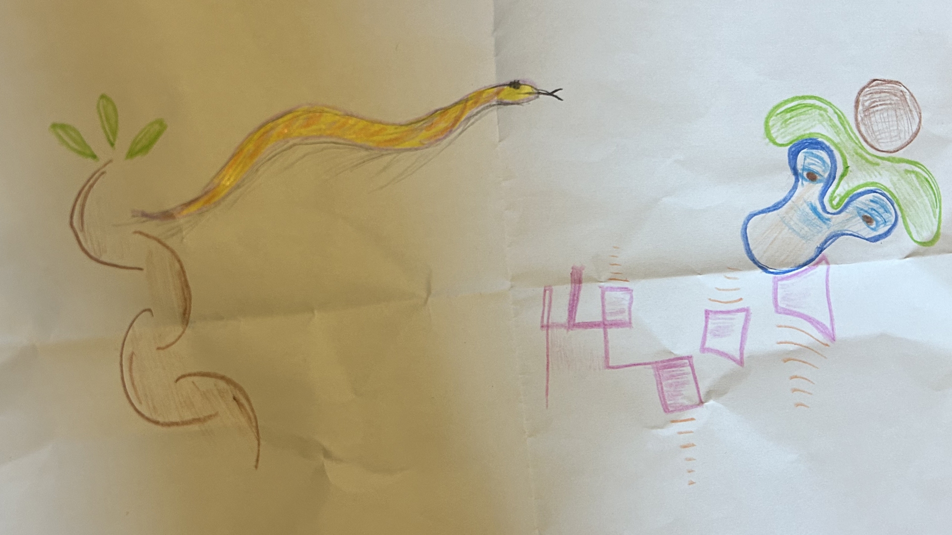 Drawing of a serpent intertwined with plant-like forms leaping out to abstract shapes.