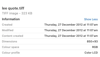 A screenshot of the file system showing the lee-quote.tiff image with the date created as Thursday 27th December 2012 at 11:07 AM.